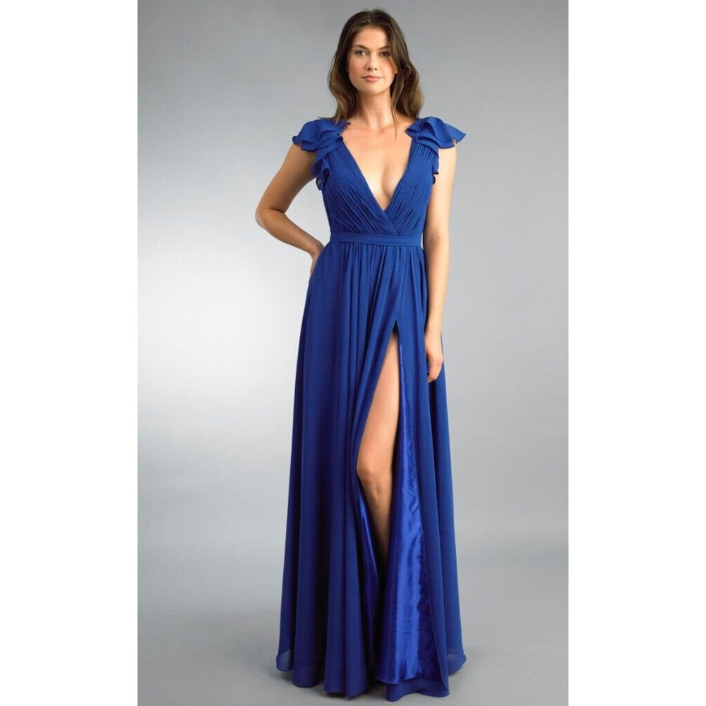 NWT $290 Basix Black Label D9806L Ruffle Collar Evening Gown Royal Blue Size 6